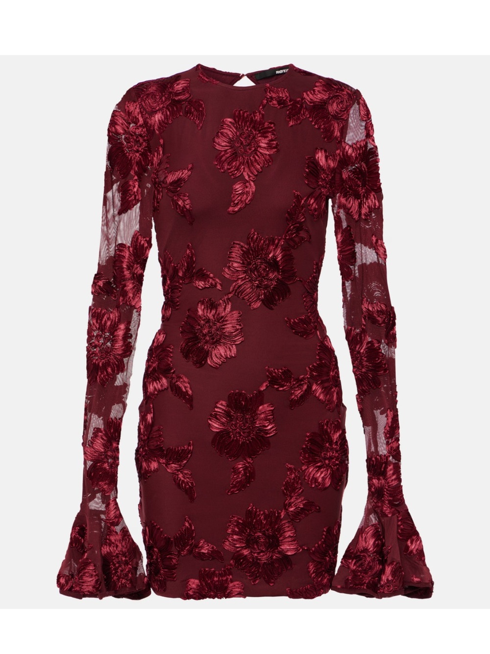 Rotate Long-Sleeve Burgundy Floral Appliqué Mini Dress